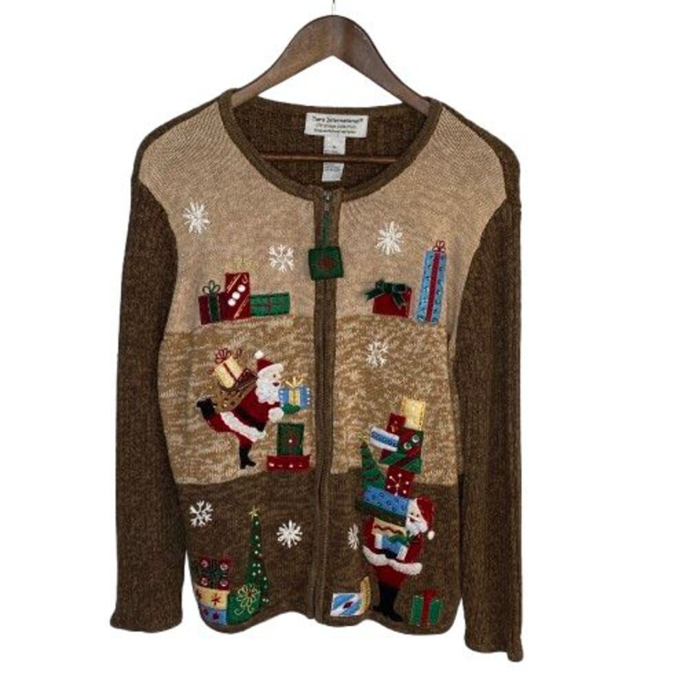 Tiara Womens Christmas Cardigan Sweater Size‎ XL Brown Embellished Santa Gifts